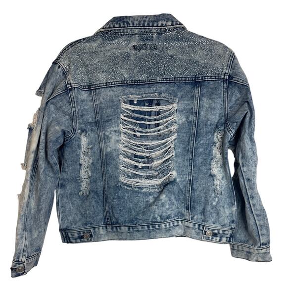 Thrill Jeans Denim Jacket Women's L Acid Wash Fringe Ripped Y2K Jean Distressed - Picture 2 of 7